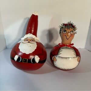 Vtg Santa & Mrs Claus Christmas Gourds Hand Made Signed Mary Susan 11.5" & 9"